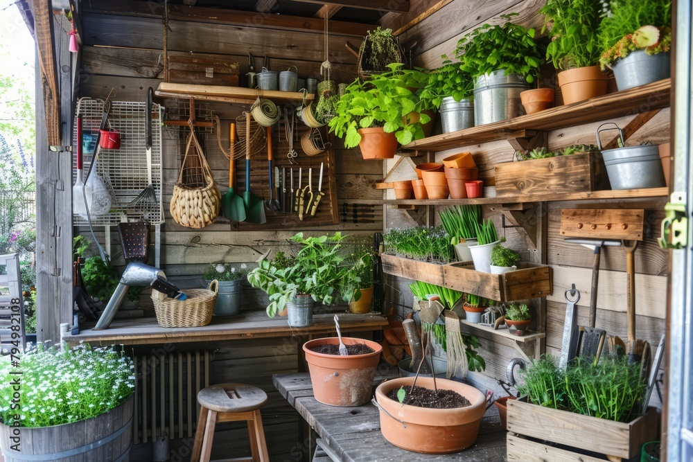 A charming garden shed with rustic decor, potted plants, and tools neatly organized for gardening enthusiasts, Generative AI