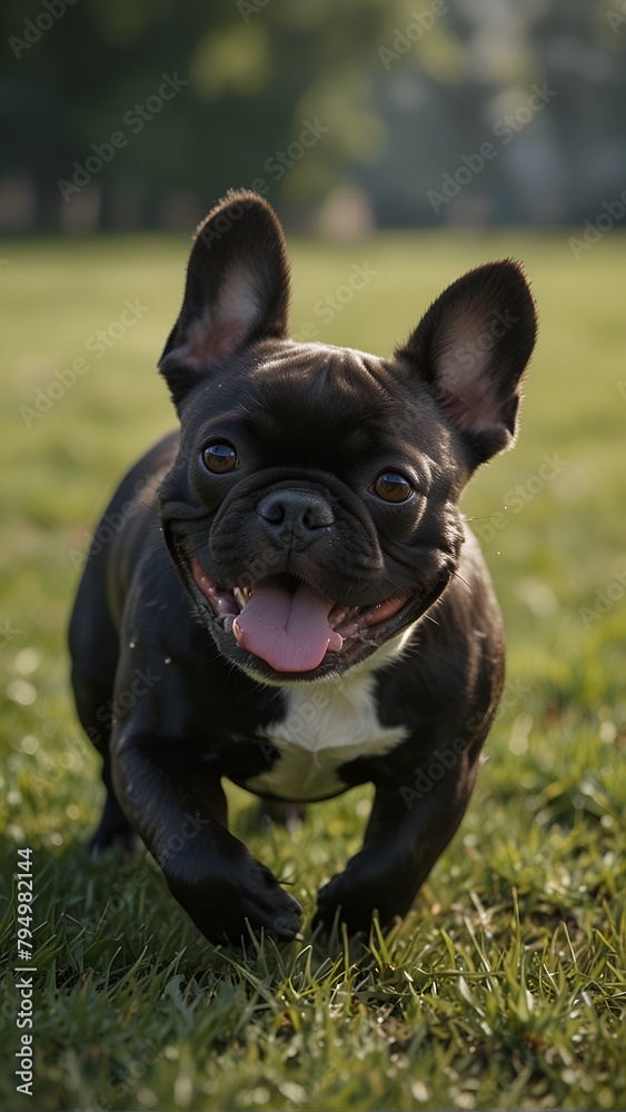 very cute black and striped French Bulldog is running happily on the grass very cute black and striped French Bulldog is running happily on the grass