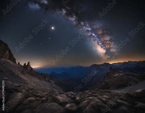 The photo of milky way in the dark night, mountain in background