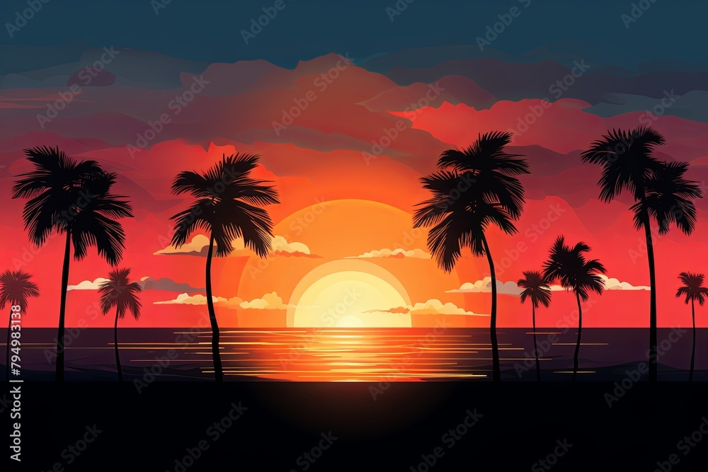 Sunset Silhouette Gradient Overlays: Fiery Sunset Ocean Backdrops