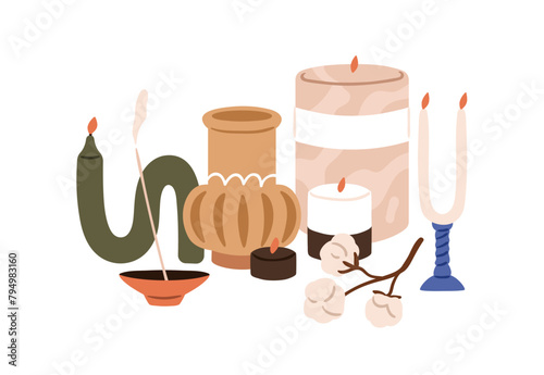 Home decor. Cozy interior decorations. Scented candles with zen aroma for relaxation, candlestick, aromatic sticks, decorative cotton branch. Flat vector illustration isolated on white background