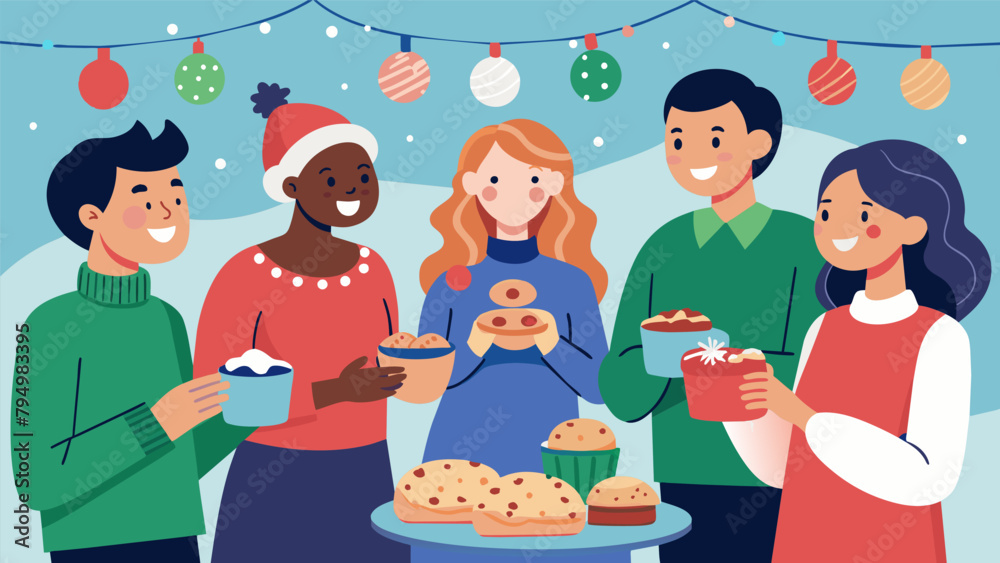 A group of coworkers hosting a holiday cookie exchange trading homemade treats and recipes to save money on buying pricey holiday gifts for