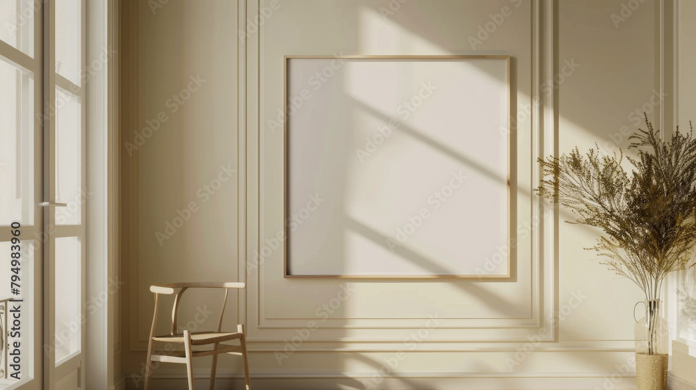 A white framed picture hangs on a wall in a room with a chair in front of it. The room is bright and airy, with sunlight streaming in through a window A white framed picture hangs on a wall in a room with a chair in front of it. The room is bright and airy, with sunlight streaming in through a window