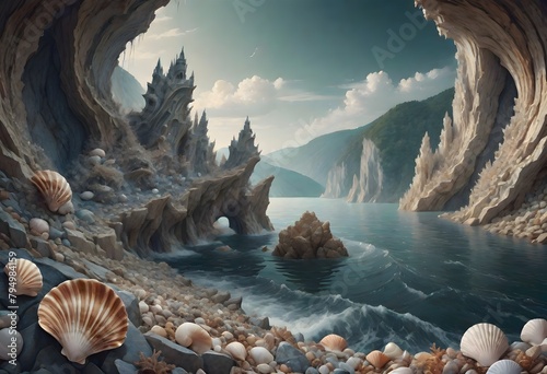 Serene beauty of seashells adorn a pebbled shore, flanked by towering, intricate cliffs and dynamic waves, creating a natural tranquility under a subdued sky, Generative AI. photo