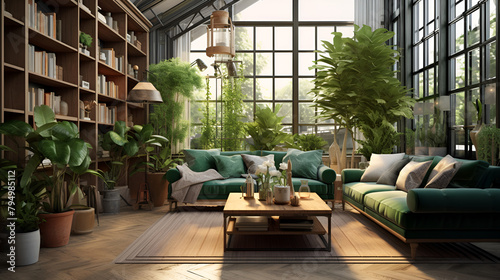a modern living room interior design with plants ,Interior of living room with green houseplants and sofas ,Scandinavian style interior apartment