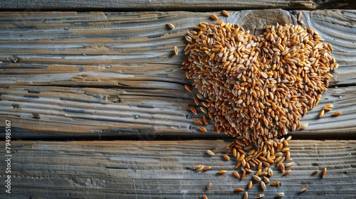 Heart shaped Whole Grain Seeds on Wood Table Representing Healthy Eating Concept