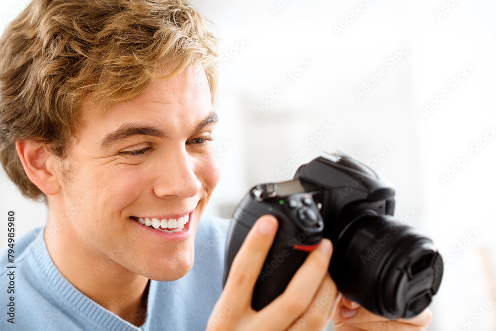 Man, camera and artist for photo hobby, home and photography for picture or digital image. Male person, equipment and confident for creative career or journalist, capture memories and shooting smile Man, camera and artist for photo hobby, home and photography for picture or digital image. Male person, equipment and confident for creative career or journalist, capture memories and shooting smile