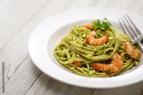 Sicilian pasta with pistachio pesto and shrimp, Italian cuisine