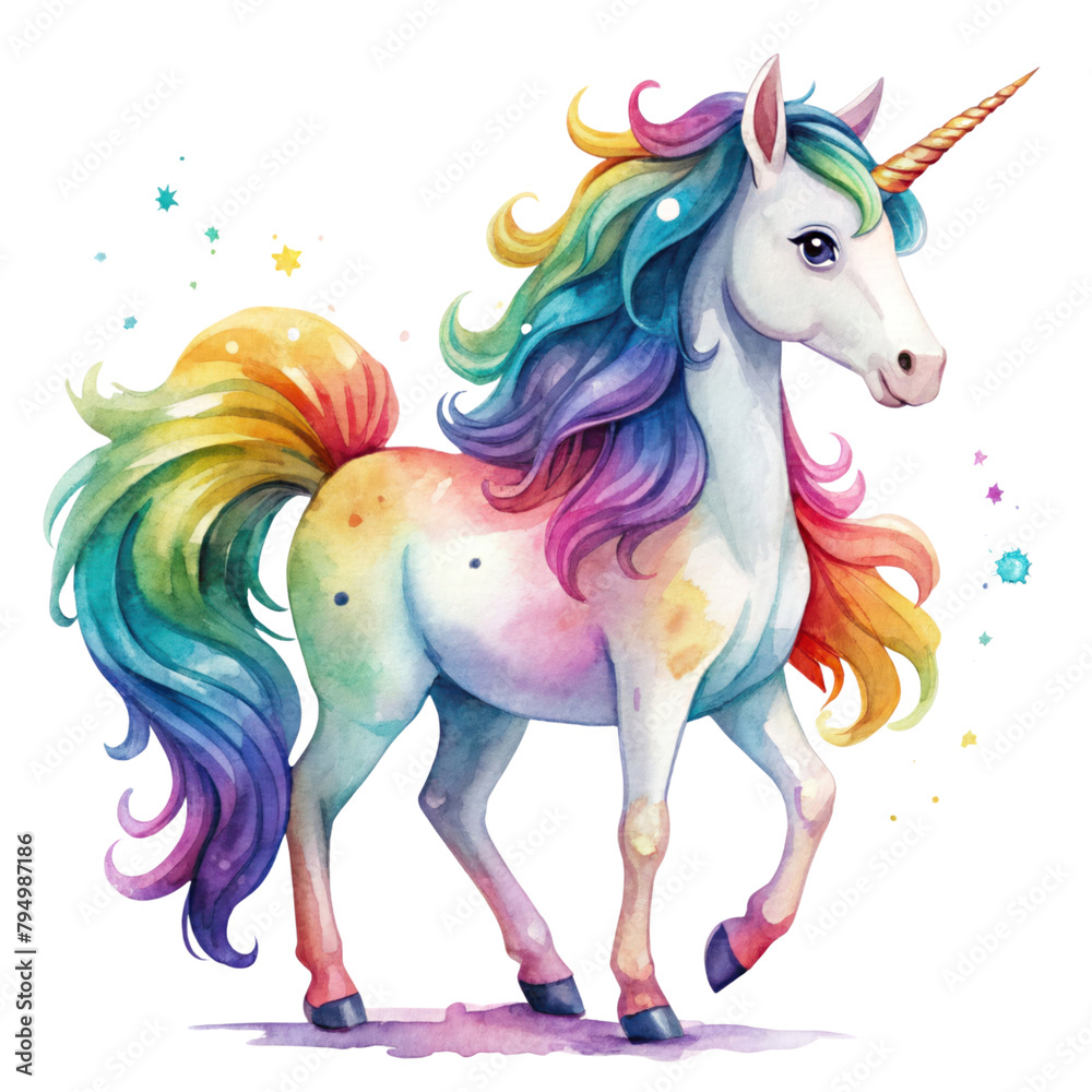 Cartoon watercolor unicorn illustration, fairy tale creature on transparent background