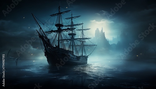 A ghost ship sailing through a foggy sea, with the liquid texture of the water highlighted by the moonlight, adding a mysterious allure