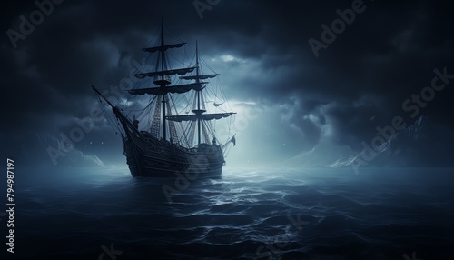 A ghost ship sailing through a foggy sea, with the liquid texture of the water highlighted by the moonlight, adding a mysterious allure