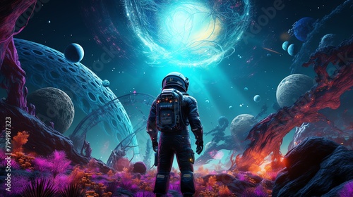 An astronaut exploring a newly discovered planet, equipped with cyberpunkstyle hitech gear, surrounded by alien technology and vivid colors photo
