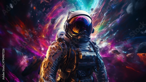 An astronaut exploring a newly discovered planet, equipped with cyberpunkstyle hitech gear, surrounded by alien technology and vivid colors photo