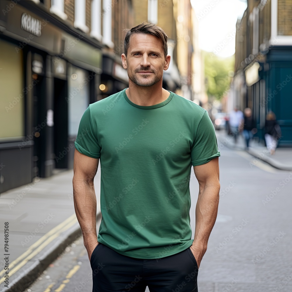 Urban Style: Blank Green T-shirt on Streetwise Model Urban Style: Blank Green T-shirt on Streetwise Model