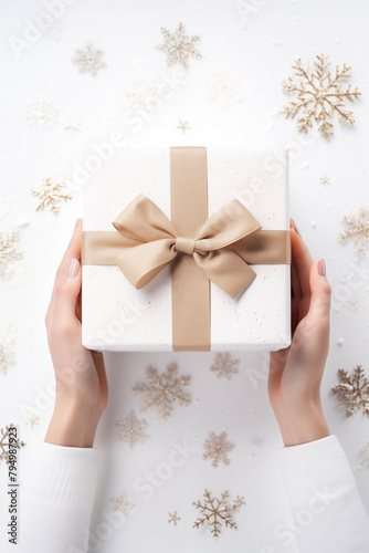 Christmas card template. Happy New year backdrop. Beautiful gift box in hands..