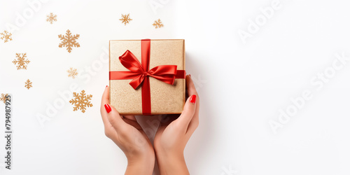 Christmas card template. Happy New year backdrop. Beautiful gift box in hands..