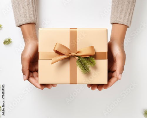 Christmas card template. Happy New year backdrop. Beautiful gift box in hands..