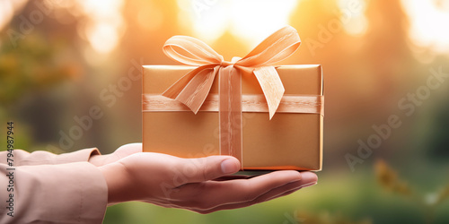 Christmas card template. Happy New year backdrop. Beautiful gift box in hands..