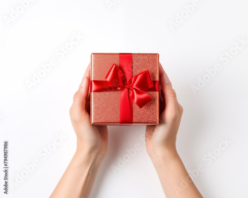 Christmas card template. Happy New year backdrop. Beautiful gift box in hands..