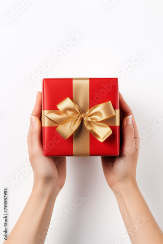 Christmas card template. Happy New year backdrop. Beautiful gift box in hands..