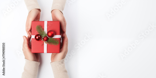 Christmas card template. Happy New year backdrop. Beautiful gift box in hands..