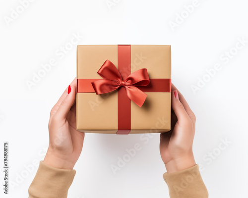 Christmas card template. Happy New year backdrop. Beautiful gift box in hands..