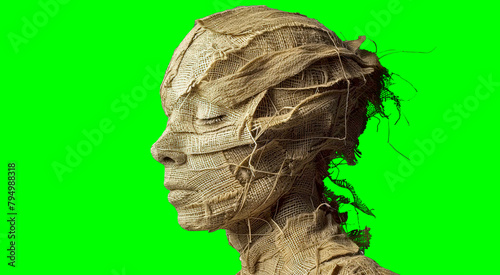 An portait of feamle face sculpture made from recycled cloth bandage materials, Fragmented Sculpture Head Isolated on green background.