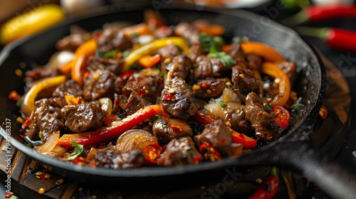 sweet and sour lamb stir fry on a dark serving cast iron plate with peeled peppers and onion