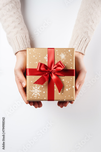 Christmas card template. Happy New year backdrop. Beautiful gift box in hands..