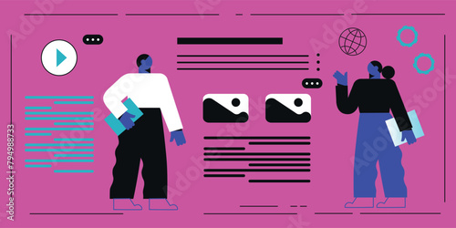 Technology abstract background. Work online, freelancing, education. Cartoon style. Vector illustration