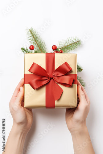 Christmas card template. Happy New year backdrop. Beautiful gift box in hands..