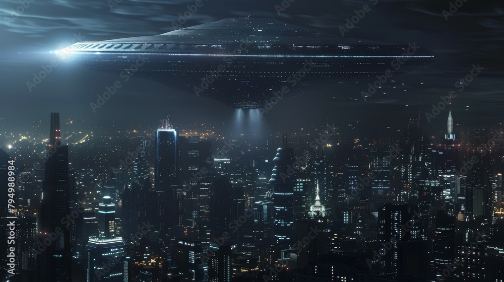 A large spaceship hovers over a futuristic city at night