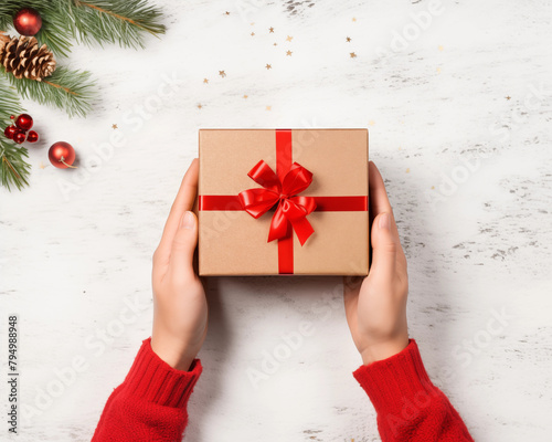 Christmas card template. Happy New year backdrop. Beautiful gift box in hands..