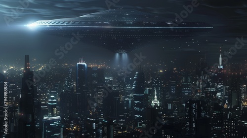 A large spaceship hovers over a futuristic city at night