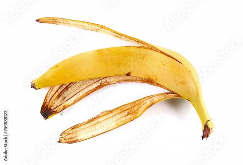  Banana peel isolated on white background, top view