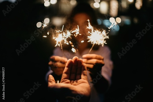 Person holding lit sparklers at night with warm glowing light creating a festive atmosphere, suitable for celebrations like New Year's or Independence Day.