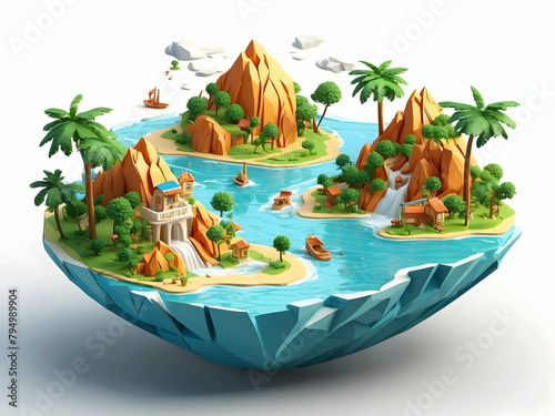 3D Investment Islands: Cartoon Miniature Diorama Art Representing Various Investment Options Surrounded by Value Waters in Isometric Scene