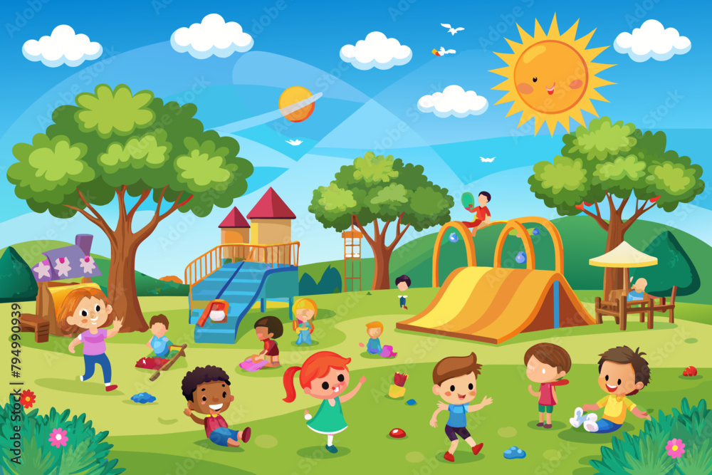 A sunny day at the park with children playing A sunny day at the park with children playing