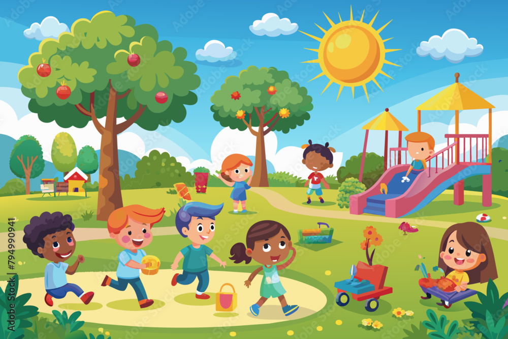 A sunny day at the park with children playing A sunny day at the park with children playing