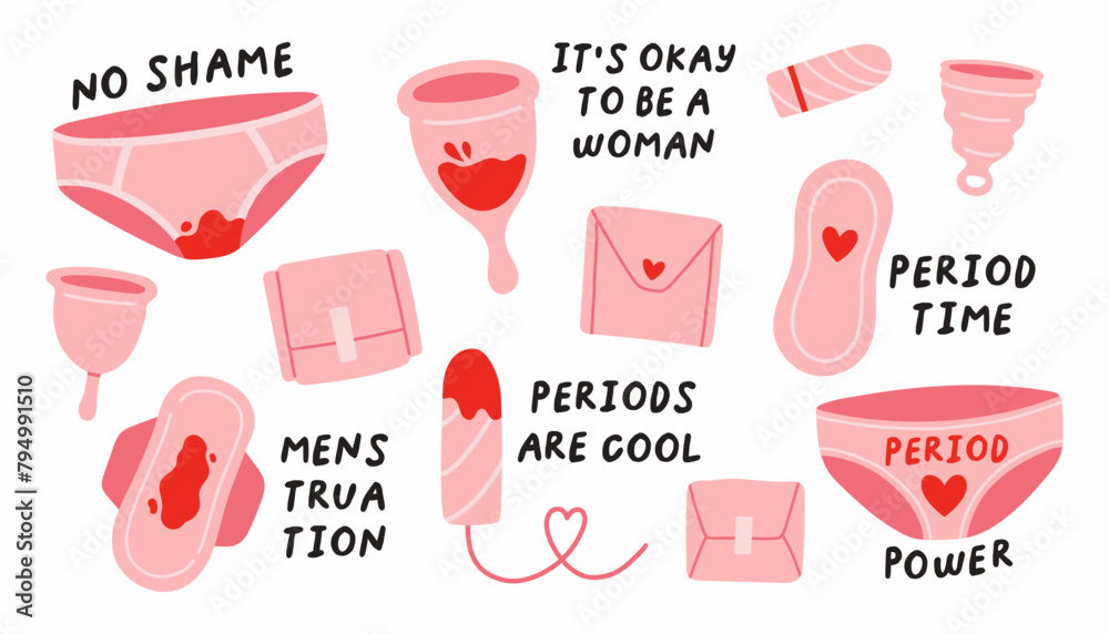 Obraz premium Menstruation lettering set. Menstrual cycle quotes, periods lettering, no shame, periods are cool, period time