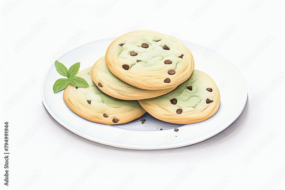 A plate of three chocolate chip cookies with a sprig of mint on the side. A plate of three chocolate chip cookies with a sprig of mint on the side.