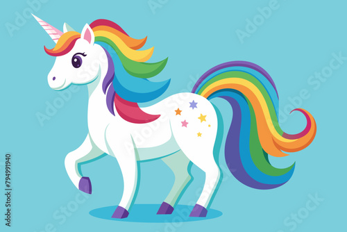 A whimsical unicorn with rainbow-colored mane and tail