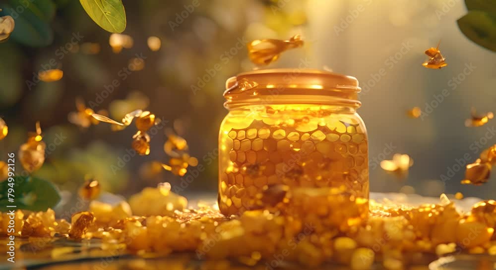 jar with liquid honey, dripping from a wooden spoon, bees flying in nature, honeycombs, sunlight, golden nectar, empty space for text jar with liquid honey, dripping from a wooden spoon, bees flying in nature, honeycombs, sunlight, golden nectar, empty space for text