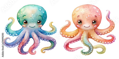 set of Cute sea octopus watercolor picture of marine life, ocean wildlife, on transparent background