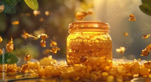 jar with liquid honey, dripping from a wooden spoon, bees flying in nature, honeycombs, sunlight, golden nectar, empty space for text photo