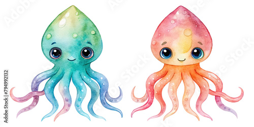 set of Cute sea octopus watercolor picture of marine life, ocean wildlife, on transparent background
