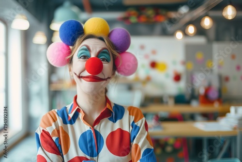 Cheerful Clown in Colorful Costume in Office Setting Makes for a Unique Corporate Environment