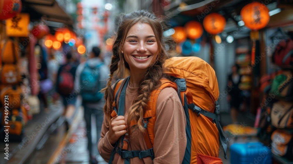 Friends laughing together as they navigate bustling Asian streets, backpacking through colorful markets on a summer adventure.