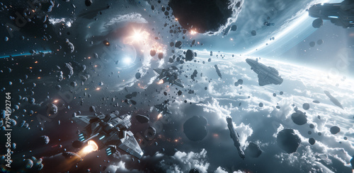 Spaceships in the chaos of battle on swirling mirrorscape galaxy in the background. photo