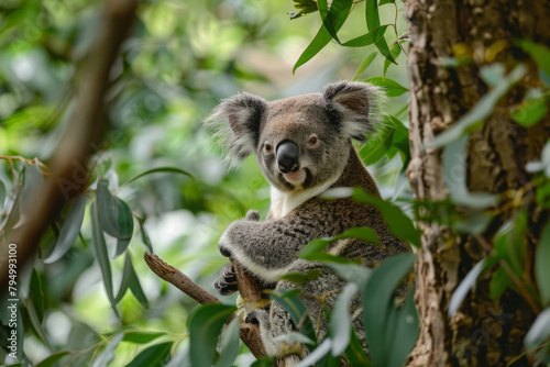 Koala bear on eucalyptus tree branch in rainforest habitat. Endangered animal in wildlife. Cute lazy bear with funny muzzle